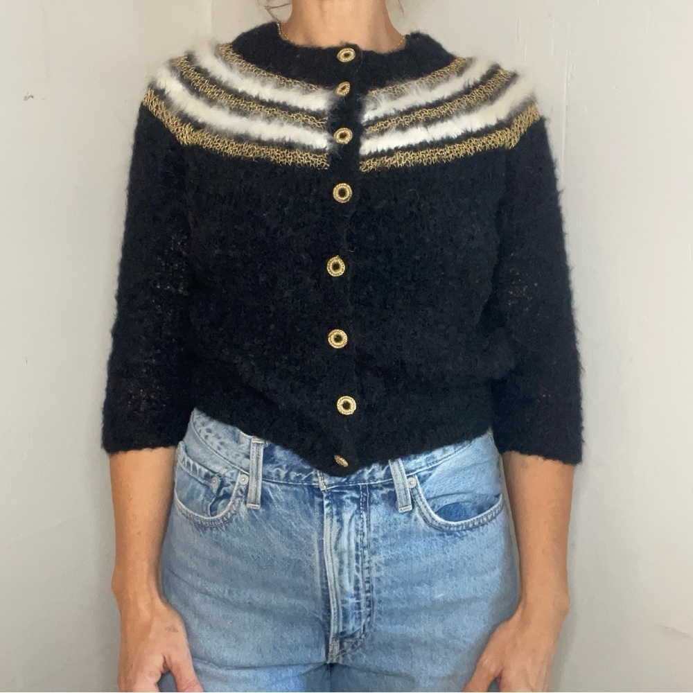 Vintage 1950s Black and Gold Cropped Hand Knit Cardigan - Picture 3 of 10